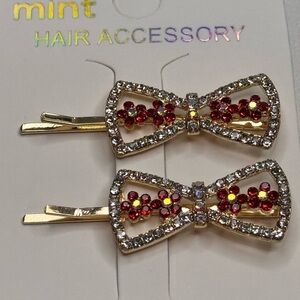 Mint Gold and Red Bow Shape Hair Clips Sparkling Accessories